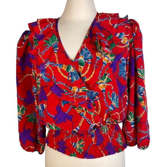 Vintage 80s Susan Tudor Women's red Ruffled Crop puff sleeve size M - Picture 11 of 12